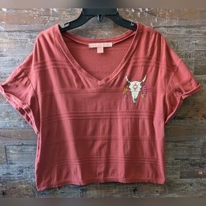 Rebellious One Coral W/Bull Capped Rolled Sleeves Top